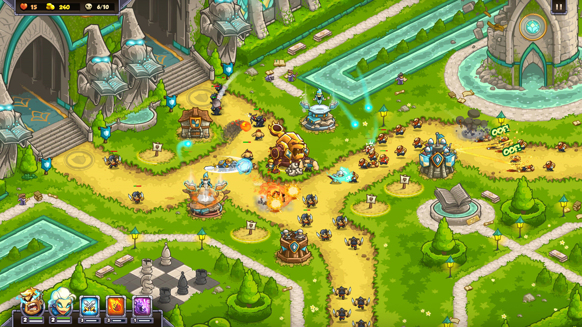 Towers and two heroes defend branching paths beside the Citadel